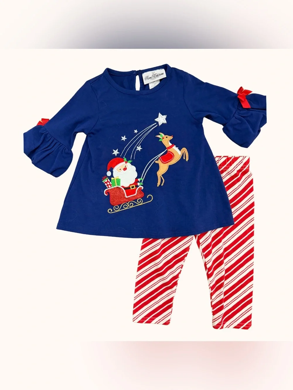 Rose & Olive Navy Top with Santa & Red Stripe Leggings Pajama Set
